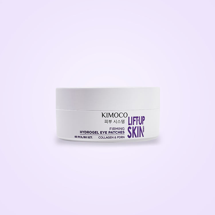 Zamknięty biały pojemnik "Kimoco Lift-Up Skin Firming Hydrogel Eye Patches", na jasnofioletowym tle.
