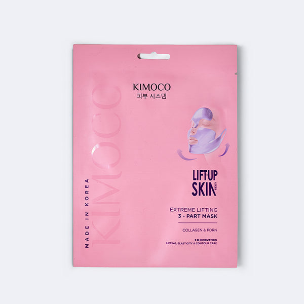 Różowe opakowanie z zawieszką "Kimoco Lift-Up Skin Extreme Lifting 3-Part Mask" z ilustracją twarzy w fioletowej maseczce, na jasnym tle.