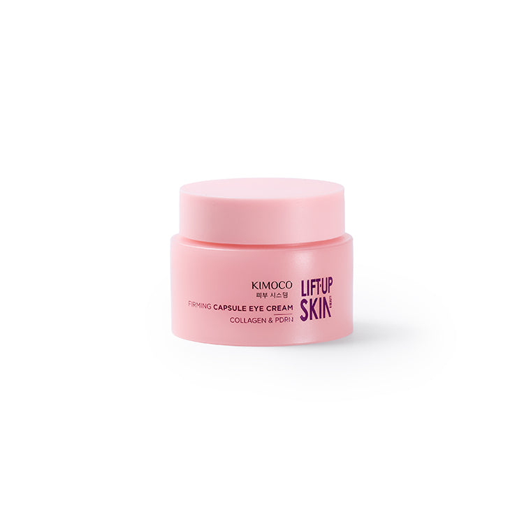 Zamknięty różowy słoiczek "Kimoco Lift-Up Skin Firming Capsule Eye Cream", na białym tle.