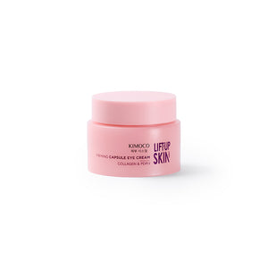 Zamknięty różowy słoiczek "Kimoco Lift-Up Skin Firming Capsule Eye Cream", na białym tle.