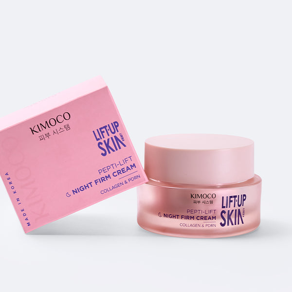różowe pudełko i różowy słoiczek kosmetyku Lift-Up Skin Pepti-Lift Night Firm Cream na białym tle.