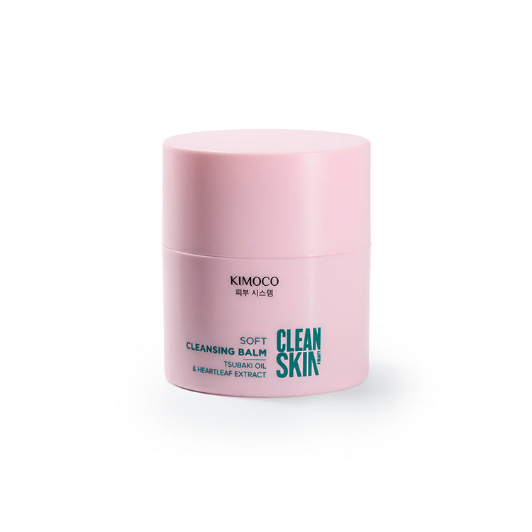 Po środku słoiczek kosmetyku Kimoco Clean Skin Soft Cleansing Balm na białym tle.